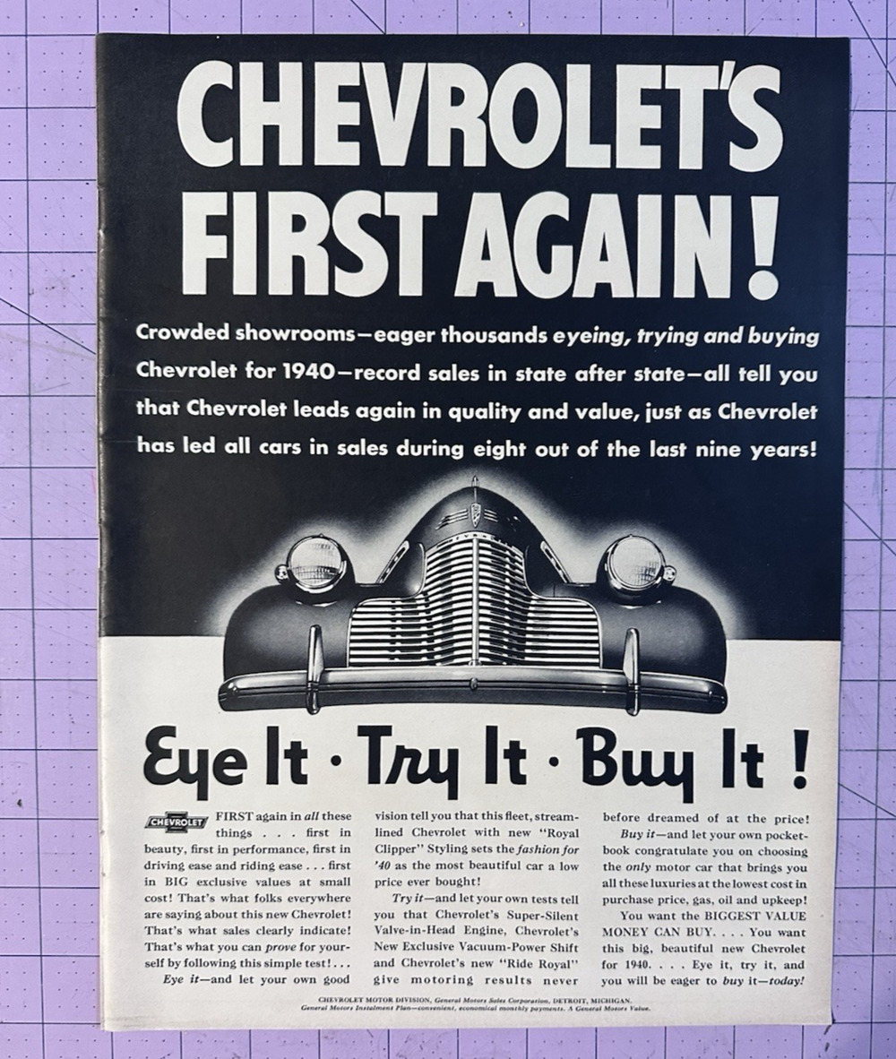 1939 Vintage Print Ad 1940 Chevrolet Eye It Try It Buy It